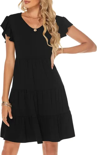 Vista 6 de Lyrur Vestidos de verano para mujer, para invitados de boda, con mangas con volantes, mini escalonados, estilo casual, playa, color negro, vestidos