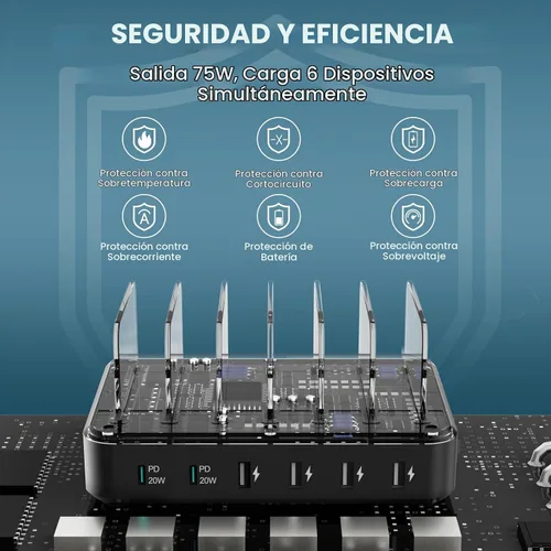 Vista 7 de Estación de carga para múltiples dispositivos, 65 W, 6 puertos, estación de carga rápida USB C con 6 cables de carga mixtos, base de carga