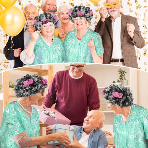 Vista 7 de Jiuguva 7 piezas de disfraz de anciana para mujeres y niños, túnica de manga corta para abuelita, peluca de anciana, peluca plegable con muleta