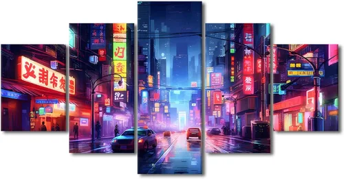Vista 118 de Póster de 5 paneles en lienzo para decoración de pared, diseño de centro urbano Cyberpunk, impresión moderna, decoración de pared para el hogar