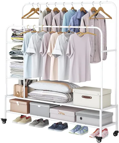Vista 7 de SUOERNUO Perchero con ruedas para ropa, estante para colgar ropa resistente, estante metálico enrollable para dormitorio, armario (Negro)