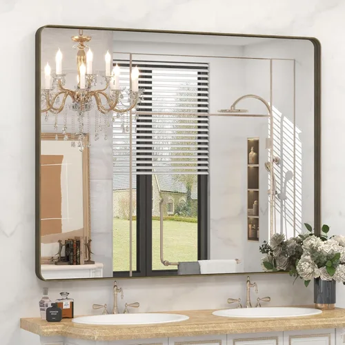 Vista 95 de Paquete de 2 espejos de baño con marco de metal negro de 22 x 30 pulgadas, espejo rectangular redondeado negro mate, antioxidante, se cuelga