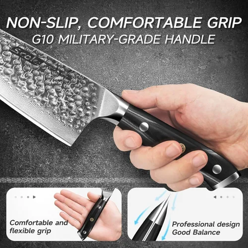 Vista 4 de SCOLE® Cuchillo de chef japonés de 8 pulgadas, cuchillo profesional afilado, 67 capas VG-10 Damasco cuchillo de cocina de acero inoxidable con mango