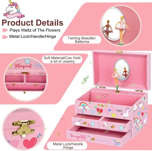 Vista 2 de Joyero musical para niñas con diseño de unicornio y bailarina giratoria, 3 cajones extraíbles, juego de joyería de unicornio incluido, caja