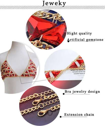 Vista 4 de Jeweky - Brasier con diseño de triángulo rojo y piedras preciosas bohemias, joyería para el cuerpo de bikini de playa para mujeres y niñas