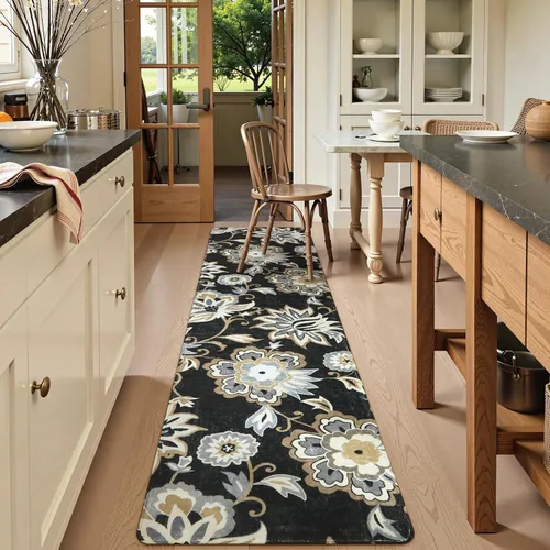 Vista 27 de Lahome - Tapete floral con estampado de cachemira, lavable, antideslizante, pequeño, anti-manchas, suave, para baño, entrada, dormitorio, Negro