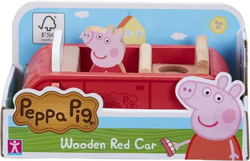 Vista 3 de Peppa Pig Coche rojo de madera, vehículo de empuje, juego imaginativo, juguetes preescolares, certificado FSC, juguetes sostenibles, regalo