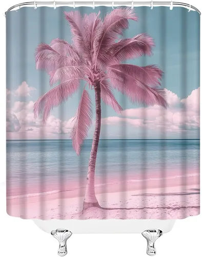 Vista 3 de Cortina de ducha de playa rosa, palmeras rosas, hawaiana, isla tropical, océano, playa, amanecer, puesta de sol, tela natural, juego de decoración