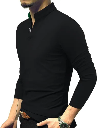 Vista 3 de LOGEEYAR Camisa polo de moda para hombre, de manga larga, ajustada, Henley, ropa de algodón piqué