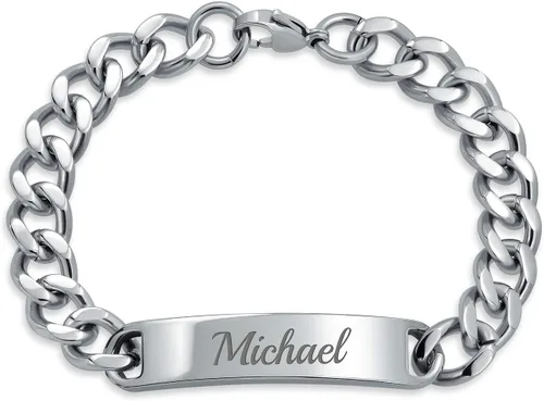 Vista 5 de Bling Jewelry Cadena de eslabones cubanos chapada en nombre de identificación para hombre, nombre personalizado, grabado en tono plateado, acero