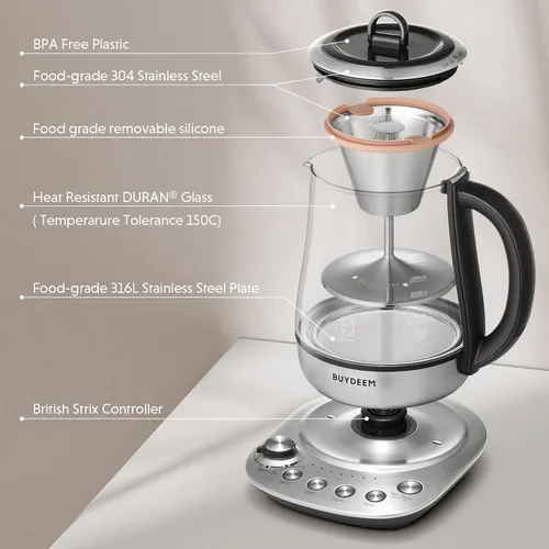 Vista 7 de BUYDEEM K176 - Tetera eléctrica multifuncional de acero inoxidable para preparar té y café, mantener el calor automático, 5 controles de sabor, 1.5L