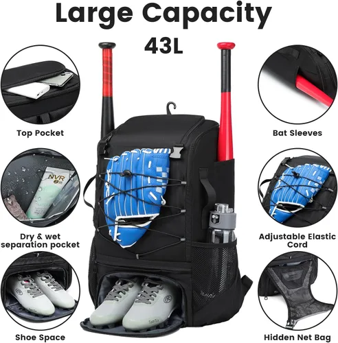 Vista 4 de Bolsa de Sóftbol, Bolsa de Bate de Sóftbol para Jóvenes y Adultos, Bolsa de Béisbol con Gancho de Cerca para Bate de TBall y Equipo, Mochila Ligera