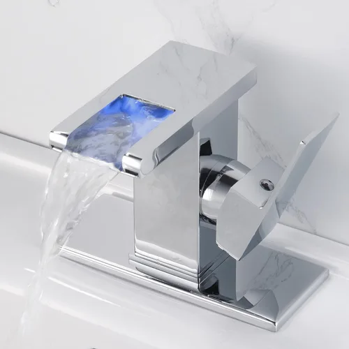 Vista 7 de Grifo de baño en cascada, cascada de grifo LED, níquel cepillado de un solo agujero, grifo de lavabo de baño en cascada, grifo de baño con luz LED