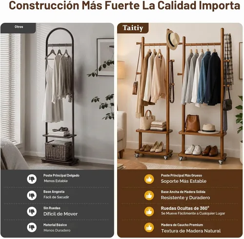 Vista 3 de Estante de abrigos de madera maciza independiente con ruedas y 2 estantes de almacenamiento y 5 ganchos, estante de ropa resistente, árbol