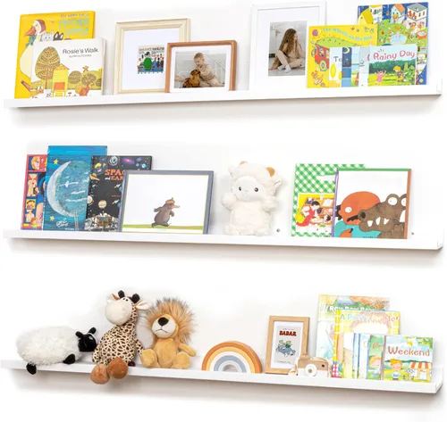 Vista 41 de FLYJOE Estante de repisa de fotos para pared, 24 pulgadas de madera de fresno maciza, estantes para libros de guardería, estantes flotantes