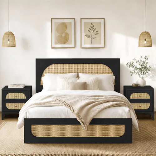 Vista 5 de KISLOT 22'' Rattan Night Stand with 2 Drawers, USB Charging Station
