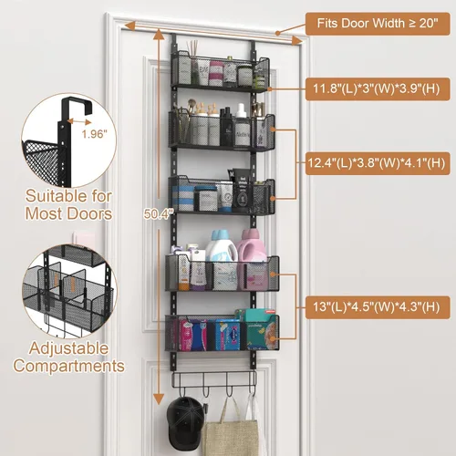Vista 3 de VyGrow Organizador de puerta para colgar sobre la puerta, organizador de puerta de metal con 5 cestas ajustables y gancho para abrigos
