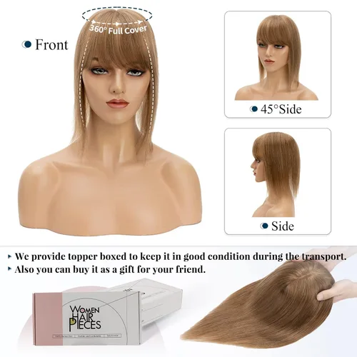 Vista 8 de Benehair Extensión de cabello humano con clip y flequillo fino, hecha a mano, base de seda, extensión de cabello liso y suave para mujeres, pérdida