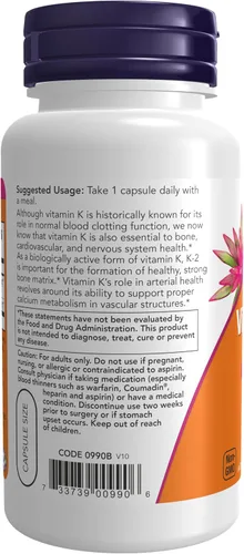 Vista 3 de NOW Foods Suplementos, Vitamina K-2 100 mcg, Menaquinona-4 (MK-4), Apoya la salud ósea*, 100 cápsulas vegetales