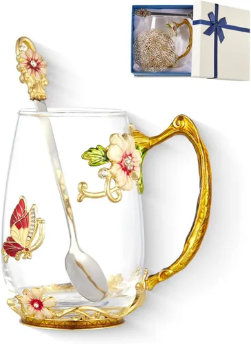Vista 10 de Taza de té con flores, taza de café de vidrio con mariposa y margarita, con cuchara, caja de regalo para su mamá, esposa, abuela, niñas, amigas