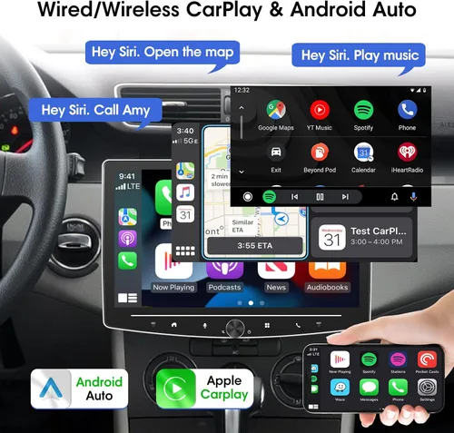 Vista 3 de [2G+64G] 10 pulgadas Android 13 pantalla táctil DIN simple coche estéreo giratorio Carplay Radio con cable/inalámbrico Carplay y Android Auto