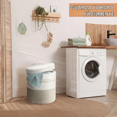 Vista 6 de Cesta de lavandería Goodheim con tapa, cesta de lavandería tejida, cesta de almacenamiento para mantas y juguetes para sala de estar, dormitorio