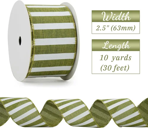 Vista 2 de Cinta Verde Musgo con Alambre de 2.5" Rayas Horizontales Verde Blanco Arpillera Cinta de Árbol de Navidad Cinta Verde Rústica con Alambre de Navidad