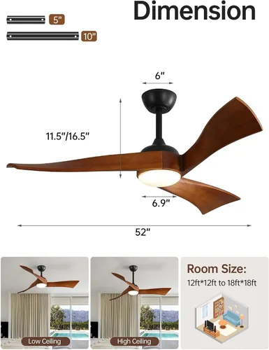 Vista 7 de Sofucor Ventiladores de techo inteligentes de 52 pulgadas con luz moderna de madera maciza para exteriores, ventilador de techo de 3 aspas con luz