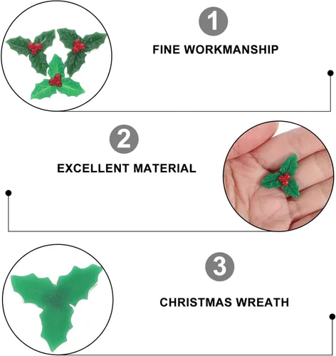 Vista 3 de Abaodam 120 piezas de bayas de acebo de Navidad con hojas verdes, parches de Navidad, bayas de acebo artificiales de Navidad, micro hojas