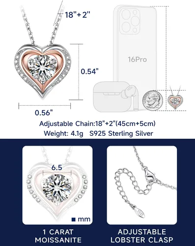 Vista 30 de MomentWish Collar de corazón para mujer, moissanita, diamante de imitación, plata de ley 925