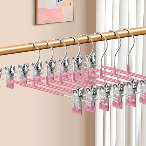 Vista 10 de Perchas para pantalones con clips, paquete de 10 perchas ajustables para falda para mujer, perchas antideslizantes para pantalones de mezclilla