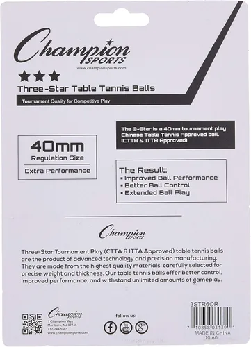 Vista 4 de Champion Sports 3 Star Table Tennis Ball Pack – Tournament Size, 40mm Seamless, CTTA & ITTA Approved