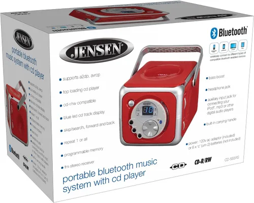 Vista 5 de Jensen CD-555RS Rojo Reproductor de CD Bluetooth Boombox Sistema de Música Bluetooth Portátil con Reproductor de CD + CD-R/RW y Radio FM con Entrada