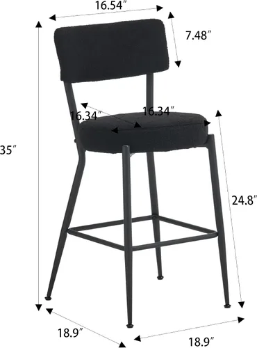 Vista 3 de Juego de 2 taburetes de bar tapizados de tela de peluche con respaldo, sillas de bar de comedor tapizadas modernas con patas de metal y reposapiés