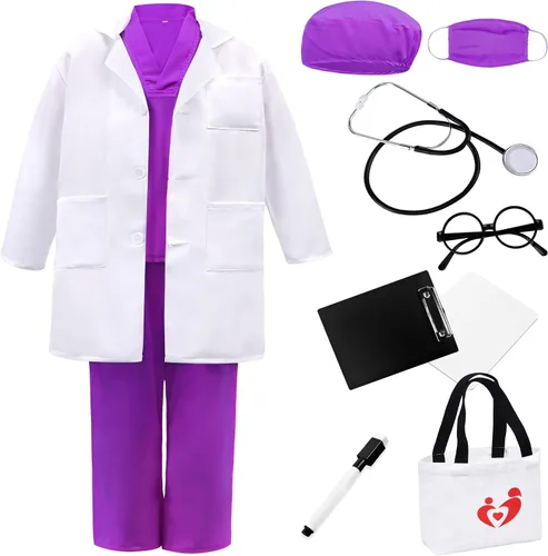 Vista 9 de Disfraz de médico para niños, conjunto de bata de laboratorio y ropa quirúrgica con accesorios para jugar y disfrazarse de 3 a 12 años Verde