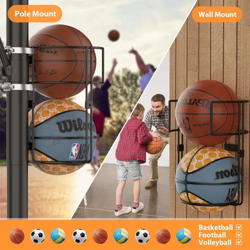 Vista 3 de Soporte de baloncesto al aire libre – Estante de almacenamiento vertical resistente para bolas de metal, soporte de baloncesto de montaje en poste