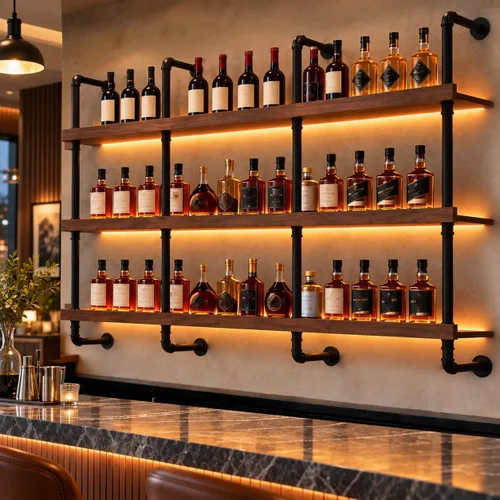 Vista 3 de Estante de vino montado en la pared de 23.6 pulgadas con luz LED de madera maciza