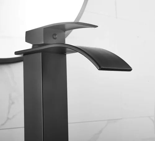 Vista 5 de Grifo de baño negro de un solo agujero con una manija para lavabo de baño, cascada, montaje en cubierta, grifo mezclador de baño comercial