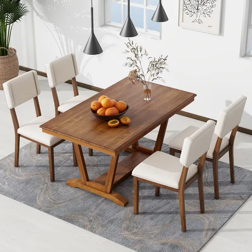 Vista 12 de Farmhouse - Juego de comedor rústico de 5 piezas con 4 taburetes, juego de mesa consola de madera con acabado de dos tonos, para comedor pequeños