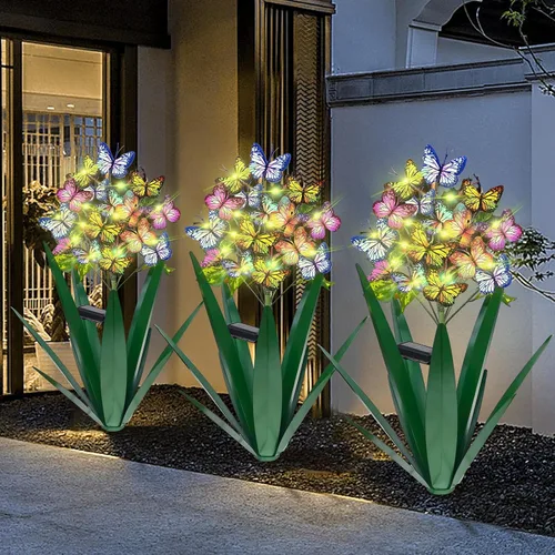 Vista 11 de Homight Escultura Solar de Metal Agave Mariposa Flor en Palo para Jardín - Regalo al Aire Libre, Luces de Navidad - Luces de Jardín de Mariposas