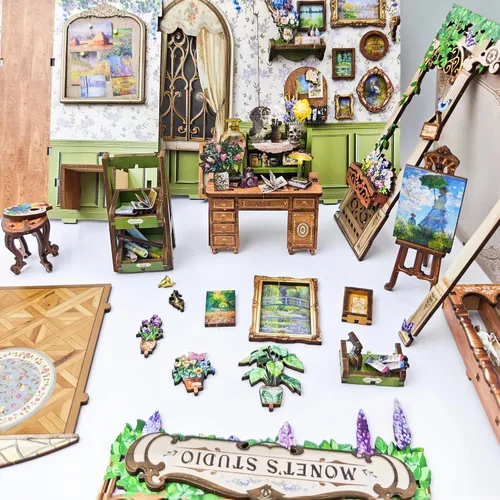 Vista 7 de Monet's Studio Book Rook Kit con luz LED y cubierta antipolvo, kit de casa en miniatura de bricolaje, rompecabezas de madera 3D, kit de construcción