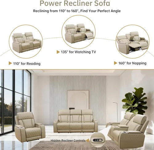 Vista 6 de Juegos de muebles de sala de estar, sofá modular reclinable eléctrico con luces LED, juego de sofá de cuero, sofá reclinable para sala de estar