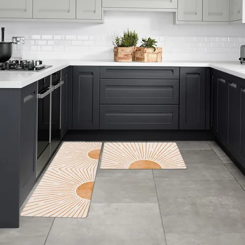 Vista 4 de Tapetes de cocina, diseño de líneas solares de terracota de mediados de siglo, juego de 2 alfombras antifatiga, arte moderno y minimalista