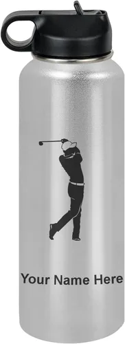 Vista 14 de LaserGram Botella de agua personalizada, golfista de golf, acero inoxidable de doble pared aislada al vacío con popote superior, regalo grabado Negro