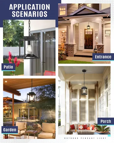 Vista 4 de Lámpara colgante exterior para porche, luz colgante negra de 1 luz, lámpara colgante exterior moderna con vidrio cilíndrico y cadena ajustable
