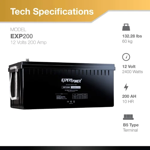 Vista 2 de ExpertPower EXP200 - Batería marina de ciclo profundo de 12 V 200 Ah, baterías de panel solar de plomo ácido para cámper, RV, barco, bomba