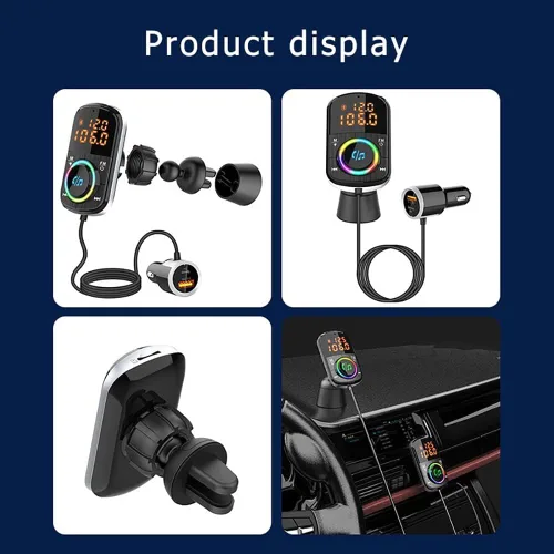 Vista 8 de Transmisor FM Bluetooth para coche, Bluetooth para Carro/adaptador de audio con cargador de coche dual, compatible con doble pantalla digital