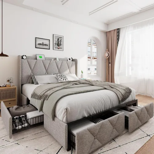 Vista 16 de iPormis - Marco de cama de tamaño matrimonial con 4 cajones de almacenamiento, base de cama tapizada con estación de carga, cabecera de Beige