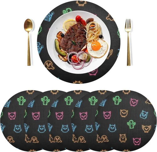 Vista 3 de Neon Cute Faces Black Round Table Placemats, Non Slip Washable Placemats Non Slip for Kitchen Table one sizex6