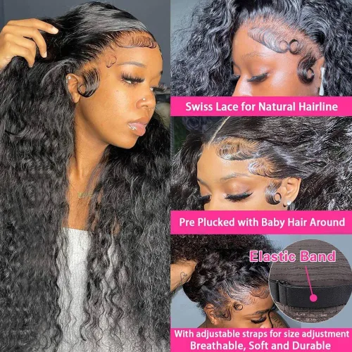 Vista 3 de Pelucas de cabello humano ondulado profundo con encaje frontal de 13 x 4, densidad del 180 %, pelucas de cabello humano rizado con encaje frontal